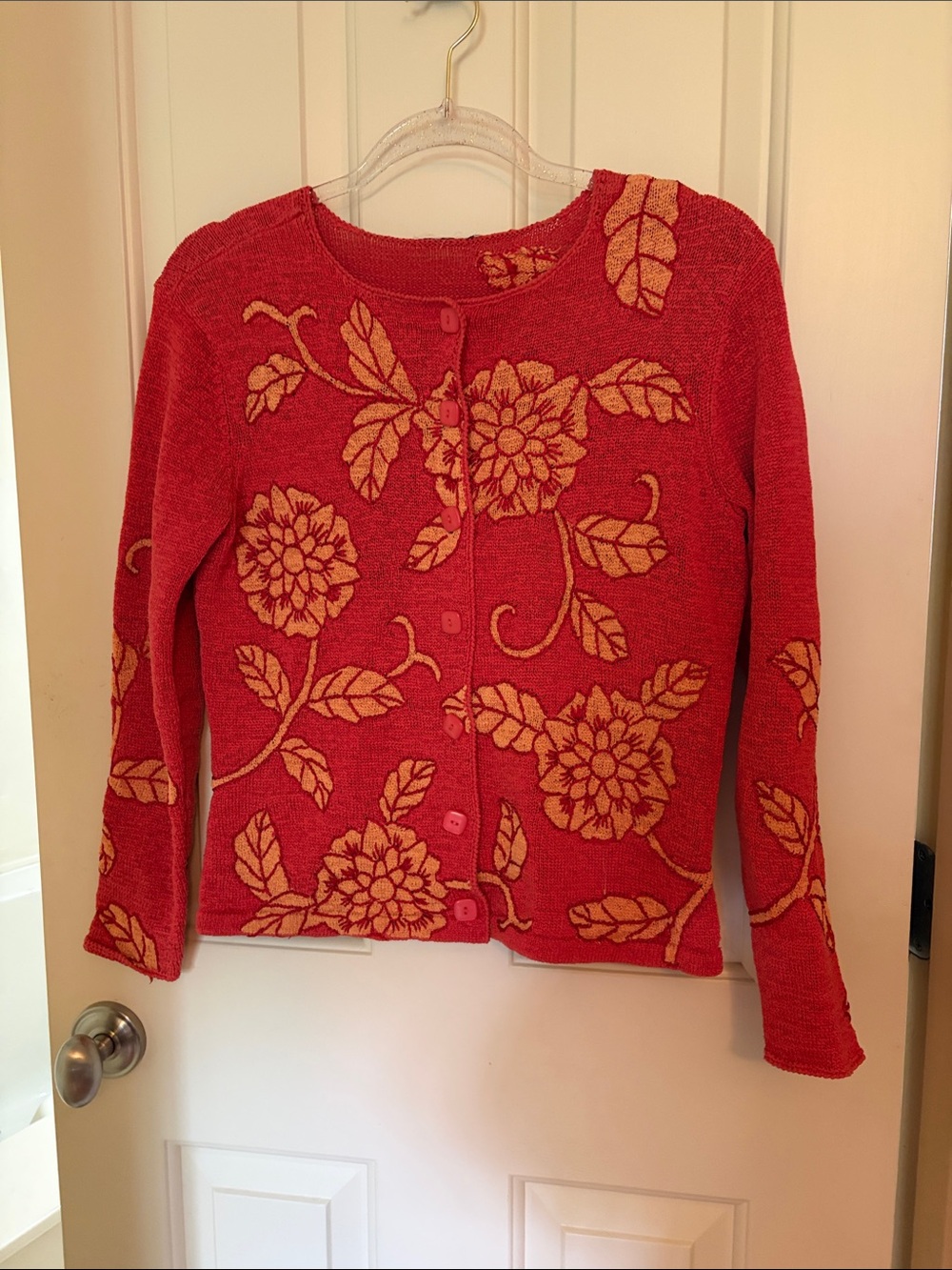 Talbots Red Cardigan with Gold Floral Jacquard